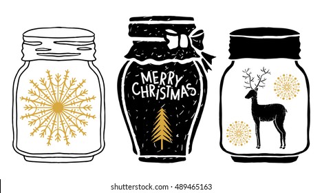 Christmas design elements set. Merry Christmas handwritten text. Jar with tree, snowflakes, reindeer hand drawn isolated on white background. Vector design