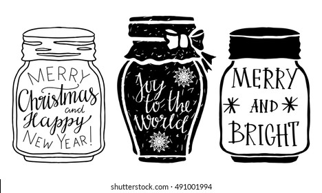 Christmas design elements set. Merry Christmas and Happy New Year. Joy to the world, Merry and bright handwritten text. Jar, snowflakes hand drawn isolated on white background