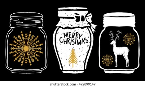 Christmas design elements set. Merry Christmas handwritten text. Jar with tree, snowflakes, reindeer hand drawn isolated on black background. Vector design