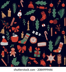 Christmas design elements set with mistletoe, berries, balls, socks, trees, cookies, presents, candles, lantern, candy, cane, leaves. Perfect for holiday invitations, winter greeting cards, wallpaper 