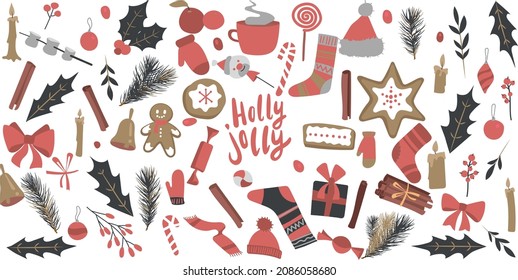 Christmas design elements set with mistletoe, berries, balls, socks, trees, cookies, presents, candles, lantern, candy, cane, leaves. Hand drawn vector illustration. Holiday greeting cards, poster