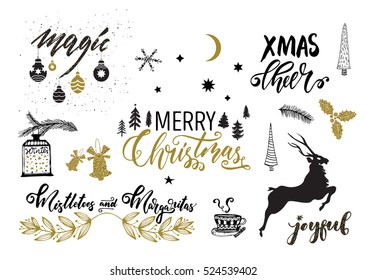 Christmas design elements set. Modern ink calligraphy, hand drawn doodle trees, reindeer, cup, branches, balls. Golden glitter, black, white colors.