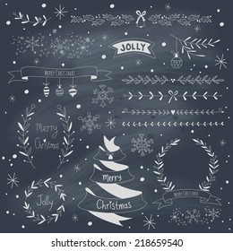 Christmas design elements set on blackboard. EPS 10. Transparency. No gradients.