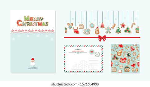 Christmas design elements set. Santa Claus letter template A4, greeting envelope, decotrative banner, seamless pattern with gingerbread cookies. Vector