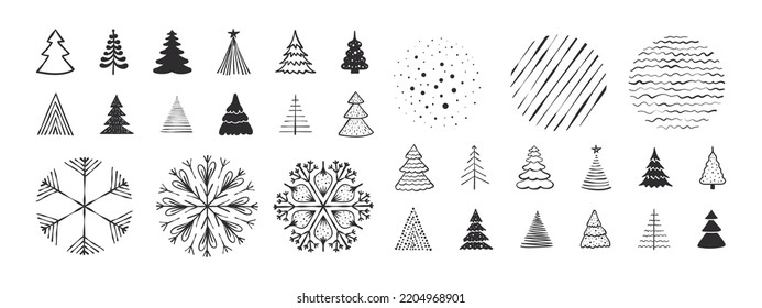 Conjunto de elementos de diseño navideño. Dibujaron a mano copos de nieve. Señales de Navidad. Decoraciones navideñas. Iconos del vector