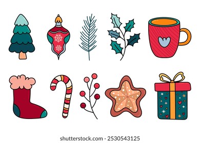 Christmas design elements set with traditional winter decorations: Christmas tree, bauble, holly branch, mug, Santa Claus Stocking, candy cane, cookie, gift box