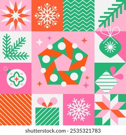 Christmas design elements set with xmas wreath, geometric icons. Winter holiday season. Trendy abstract design in flat minimalist style. Vector illustration for cover, poster, banner, greeting card.