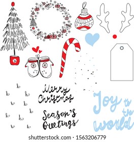 Christmas design elements for tags - candy, wreath, tags, heart, tree, gloves, snowflake, ball, presents, ho ho ho, joy to the world, seasons greetings  on white background