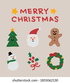 Christmas design elements. tree, santa, ginger bread man, snowman.
