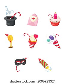 Christmas design elements, vector decorative items featuring hat candy letter cupcake candle mike sweets heart party caps balloons mask Santa cap fireworks