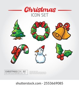 Christmas design elements, vector illustration. Christmas icons set. Christmas tree, Bells, Christmas holly, Holly berry, Stick.