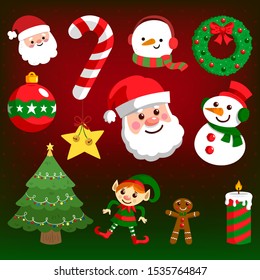 Christmas design elements, vector. Quality flat design Xmas decorative items featuring Santa, gifts, gingerbread man, holly tree, snowman, wreath, garland, etc.