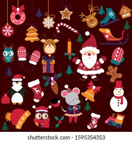 Christmas design elements, vector. Quality flat design Xmas decorative items featuring Santa's sleigh, gifts, gingerbread man, deer, holly tree leaves, snowman, wreath, garland, mistletoe, etc.
