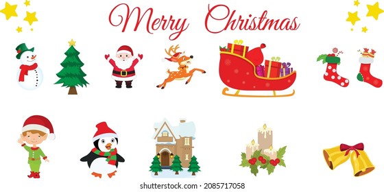 Christmas design elements, Vector, quality design, decorotive items, Santa, Xmas, bell, cute penguin, pine tree, christmas house, deer, penguin, elf boy etc.