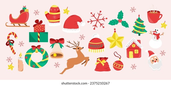 Christmas design elements, vector. Quality flat design Xmas decorative items featuring Santa's sleigh, gifts, gingerbread man, deer, holly tree leaves, snowman, wreath,etc.