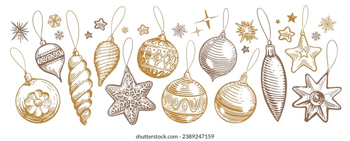 Christmas design elements, vector set. Holiday decorations, balls and baubles. Vintage illustration