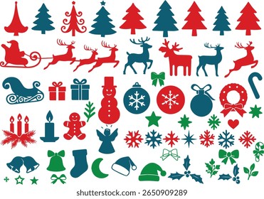 Christmas design elements, vector set
reindeer, gifts, santa, snowmen, bow, bell, tree, candle, cookies, candy, socks, stars