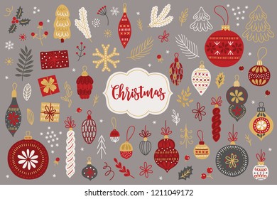 Christmas design elements with vintage balls, baubles, snowflakes, fir trees, cone, bow, berry, snow, leaves, holly and gifts. Perfect for winter decorations