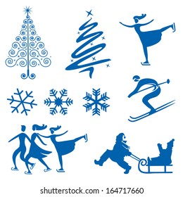 Christmas design elements.Set of winter christmas design elements  silhouettes of snowflakes christmas trees and Ice skaters  Vector illustration 