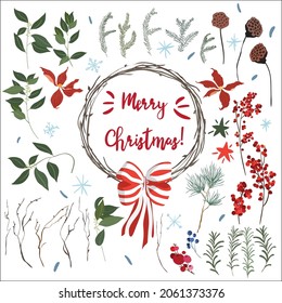 Elementos de diseño navideño con una corona de ramas y un arco, bayas rojas, loto seco. Ramas de abeto, tejo, pino, romero, laurel con hojas, copos de nieve, conos, flores, estrellas. Ideal para el diseño