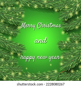 Christmas design with a fir branch.  Template for text, design element, copy space, postcard, social networks, cover, banner. New Year and Christmas.