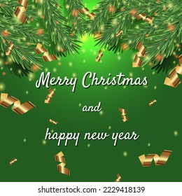 Christmas design with a fir branch.  Template for text, design element, copy space, postcard, social networks, cover, banner. New Year and Christmas.