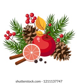 Christmas Design with Fir, Grapefruit, Berries and Cinnamon. Winter