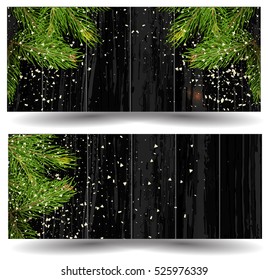 Christmas design with fir tree on wooden background. Web banner template. Vector Illustration.