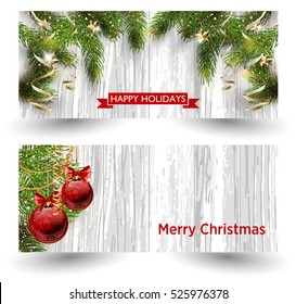 Christmas design with fir tree on wooden background. Web banner template. Vector Illustration.