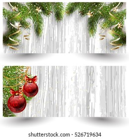 Christmas design with fir tree on wooden background. Web banner template. Vector Illustration.