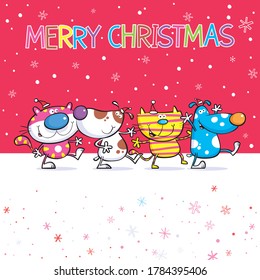 Christmas design of four cute animals in a line.