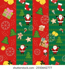 Christmas design with funny Santa Claus, nutcracker, gift boxes, snowflake in Red, Green background.