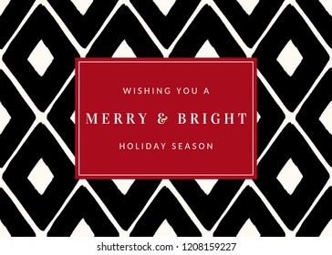 Christmas design with geometric pattern in black and white and text "Wishing You a Merry & Bright Holiday Season" on red background. Stylish and elegant greeting card, social media post, brochure.