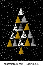 Christmas design with geometric Christmas tree in white, gold and gray on black background. Creative and modern greeting card, social media post, poster design.