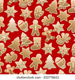 Christmas design with gingerbread of different shapes. Vector seamless pattern