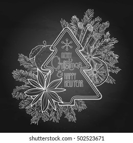 Christmas design with gingerbread, fir, mandarin and cinnamon. Vector card isolated on the chalkboard.