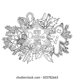 Christmas design with gingerbread, fir, mandarin and cinnamon. Vector card isolated on white background. Coloring book page design for adults and kids.