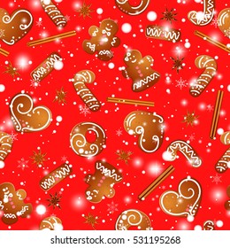 Christmas design with gingerbread man, hearts, snowflakes and snow. Vector seamless pattern. Merry Christmas background