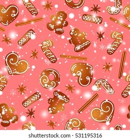 Christmas design with gingerbread man, hearts, snowflakes and snow. Vector seamless pattern. Merry Christmas background