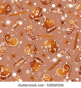 Christmas design with gingerbread man, hearts, snowflakes and snow. seamless pattern
