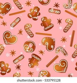 Christmas design with gingerbread man, hearts, snowflakes and snow. Vector seamless pattern