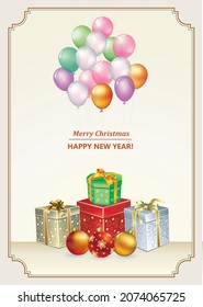 Christmas design greeting card with colorful gift boxes, balls and balloons on a light beige background. Xmas banner, poster, postcard.