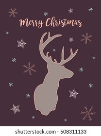 Christmas design greeting card featuring a deer head, stars and snowflakes on a purple background. Vector hand drawn illustration in pastel colors with isolated objects. 