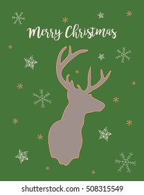 Christmas design greeting card featuring a deer head, stars and snowflakes on a green background. Vector hand drawn illustration in pastel colors with isolated objects. 