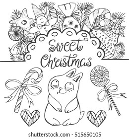 Christmas design for greeting card template. Sweet Christmas set with beautiful tasty ornament, candy, cake, sweets, cute hare and tree branches.