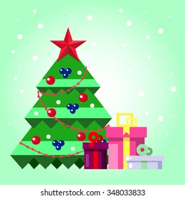 Christmas design for greeting card. Christmas tree and presents isolated on blue background. Happy New Year design. Christmas tree, presents,snowflakes-stock vector. Vector illustration in flat style.