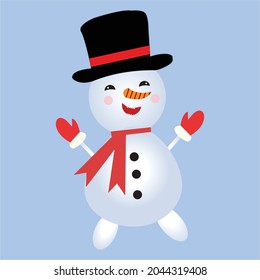 Christmas design with a happy snowman. Cute snowman vector design on a blue background. A winter snowman with neck muffler, gloves, carrot nose, hat, and buttons.