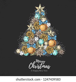 Christmas  design. Holiday decorative Christmas tree. Hand drawing vector illustration