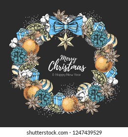 Christmas design. Christmas holiday decorative wreath. Hand drawing vector illustration