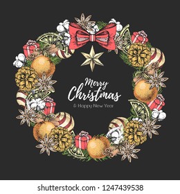 Christmas design. Christmas holiday decorative wreath. Hand drawing vector illustration
